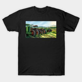 Old green tractors out standing in a field T-Shirt